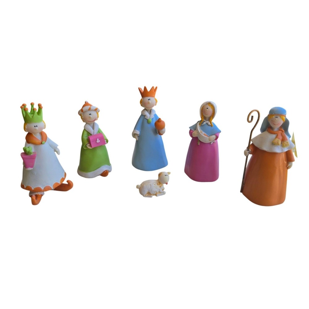 Whimsical Pastel Resin Nativity Set‎ 6 Pc Christmas Figurines German folk style